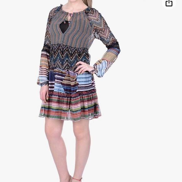 Desigual Women's Lena Woven Long Sleeve Multi Pattern Colorful Mini Dress - Picture 1 of 10